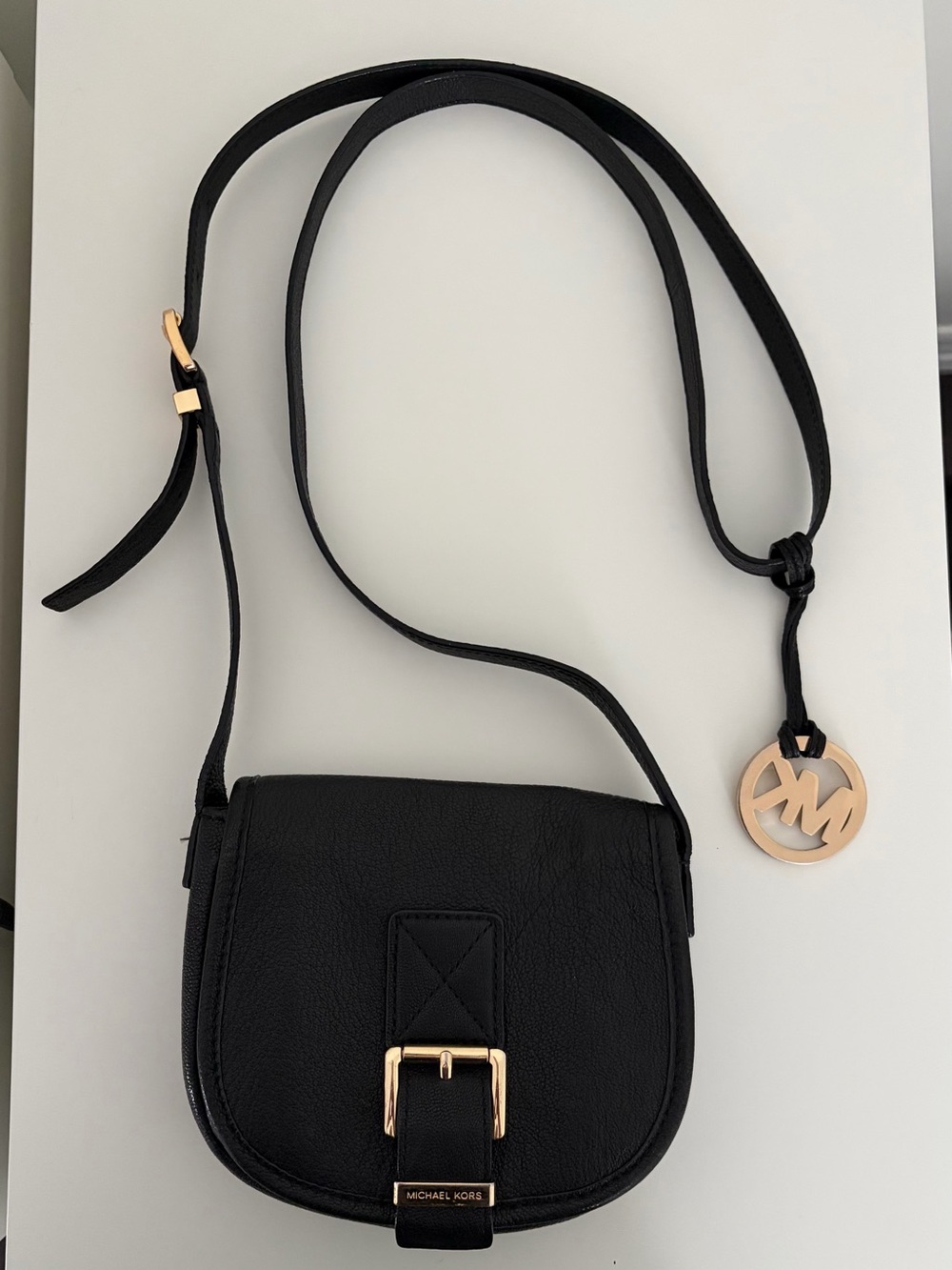 Michael Kors Black Leather Crossbody Saddle Bag with Gold Accent